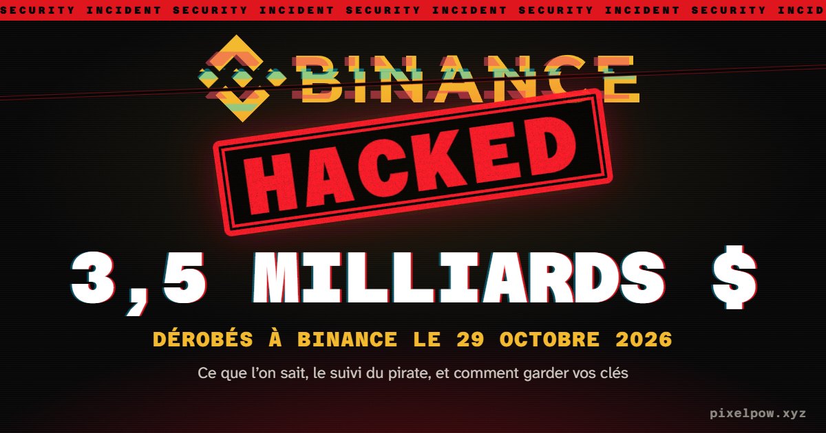 Le logo de Binance barré d’un tampon HACKED : 3,5 milliards de dollars dérobés le 29 octobre 2026