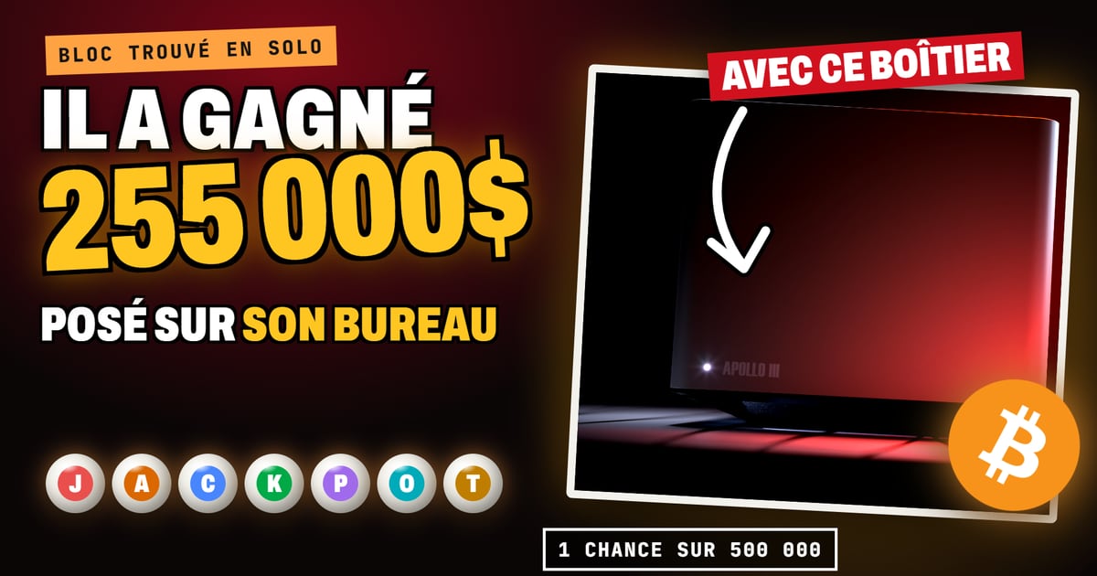 Miniature : un boîtier FutureBit Apollo III posé sur un bureau, « Il a gagné 255 000 $ », bloc Bitcoin trouvé en solo